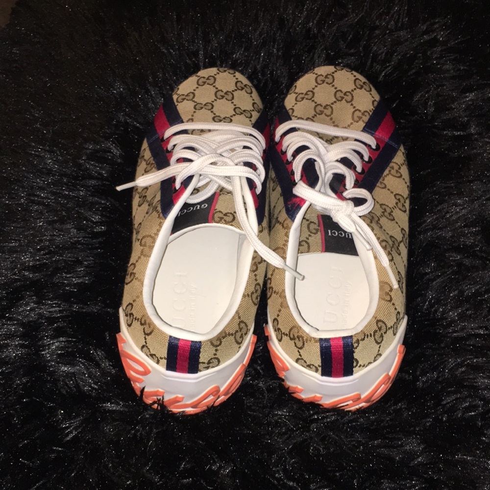 Gucci Beige Monogram Sneakers with Navy & Red Stripe and Orange Accents